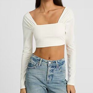 Express White Small Ruched Shoulder Cropped Tee NWT
